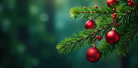 Obraz premium Twisted fir branch decorated with ornaments and holly berries, forest foliage, twigs with ornaments