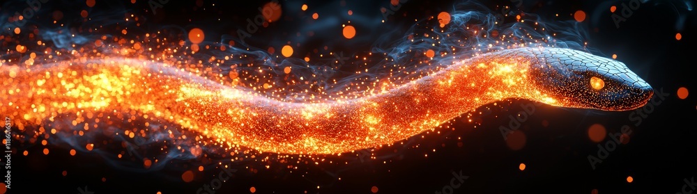 Poster visual conceptualization of a close-up dynamic glowing snake animation set in a sci-fi 3d digital re