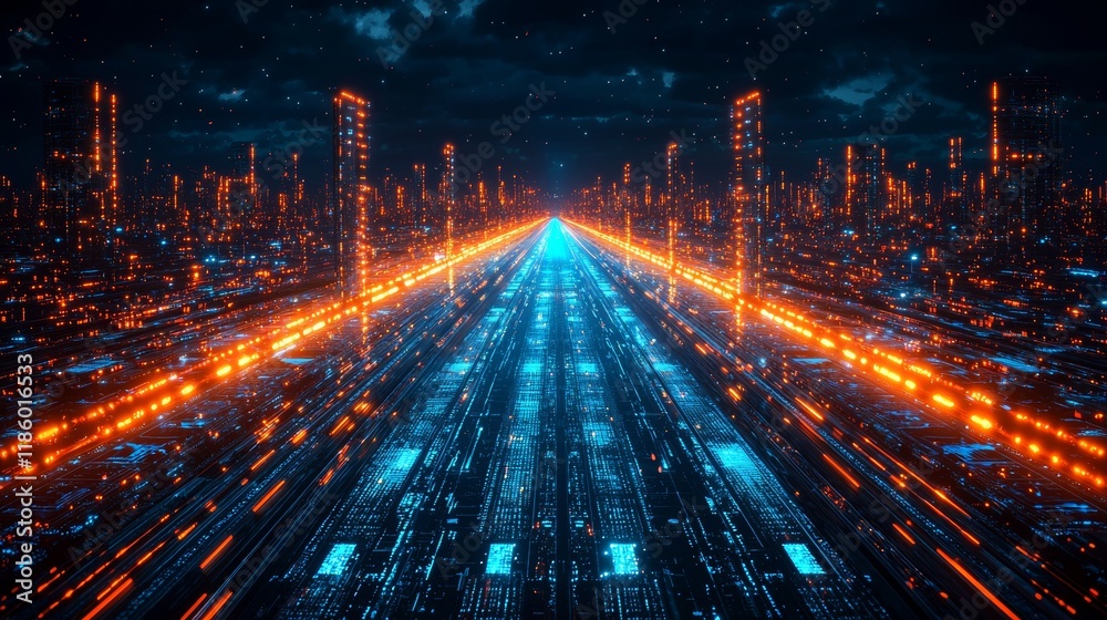 Poster futuristic glowing motion exists in a cyber environment where digital data continuously flows throug