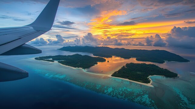 Aerial view of tropical islands at sunset through an airplane window, with vibrant sky and ocean reflections, symbolizing paradise and adventure. Perfect for travel and vacation themes.