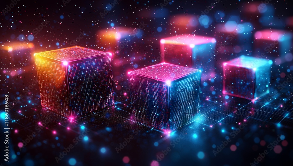 Poster an engaging and abstract visualization features a dynamic 3d cube animation in a futuristic digital 