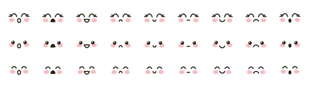 Set of cute vector kawaii emoji. Anime, manga, adorable expressive faces, emoji. Cute faces happy, smiling, sad and angry - for kawaii cartoon doodle design Chibis isolated on white background