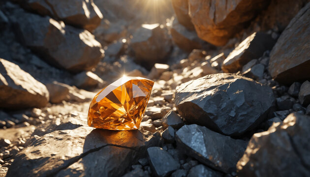 Diamant orange hyperr&eacute;aliste scintillant dans une mine, entour&eacute; de textures rocheuses.