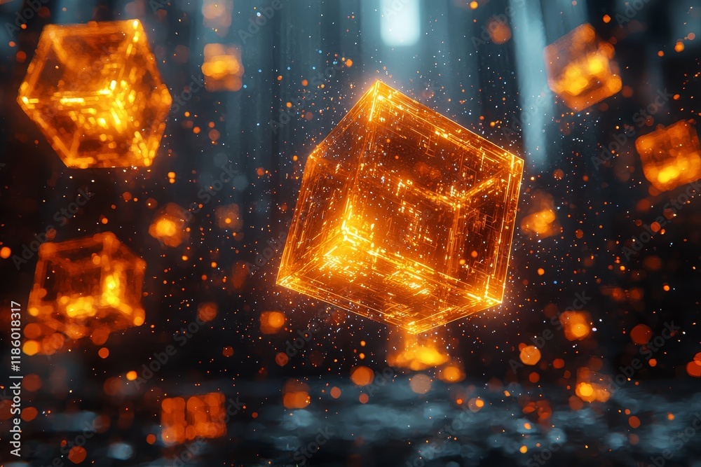 Poster a 3d visualization showing interconnected blocks breaking apart into fragments against a digital bac
