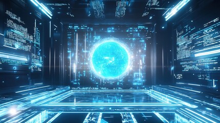 Futuristic digital data sphere in a blue cyber room