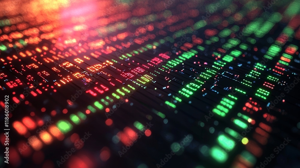 Poster a visual display of binary code falling in shades of green, yellow, and red