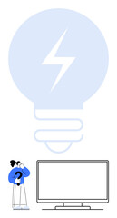 Person thinking in front of a blank monitor screen with large lightbulb overhead featuring a lightning bolt. Ideal for innovation, brainstorming, technology, creativity, problem-solving, inspiration