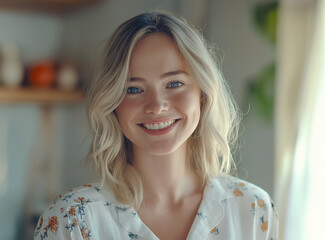 Fototapeta premium Cinematic still of a smiling blonde woman in a white shirt and floral blouse, natural light highlights her features, modern health ad campaign style, shot in a minimalistic interior