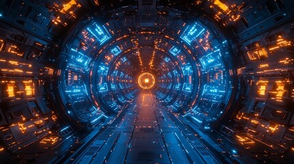 Fototapeta premium Discover a high-tech visualization in a futuristic sci-fi environment, highlighting a dynamic light speed tunnel journey through digital art