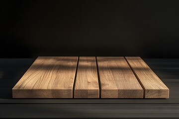 Dark room, wooden display, sunlight, product showcase