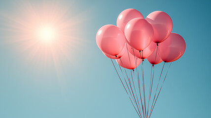 Pink Balloons Soaring High: A cluster of vibrant pink balloons ascends against a clear blue sky, bathed in the golden glow of the sun. The image captures the lightness and joy of celebration.