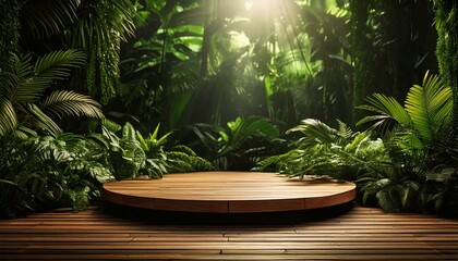 Modern minimalist wooden display platform elegantly nestled amidst lush, vibrant green indoor plants, creating a harmonious balance between nature and design, offering a serene and aesthetically pleas