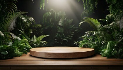 Modern minimalist wooden display platform elegantly nestled amidst lush, vibrant green indoor plants, creating a harmonious balance between nature and design, offering a serene and aesthetically pleas