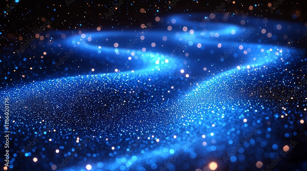 Poster a close-up view of an abstract digital landscape in visual art, featuring dynamic waves of light and