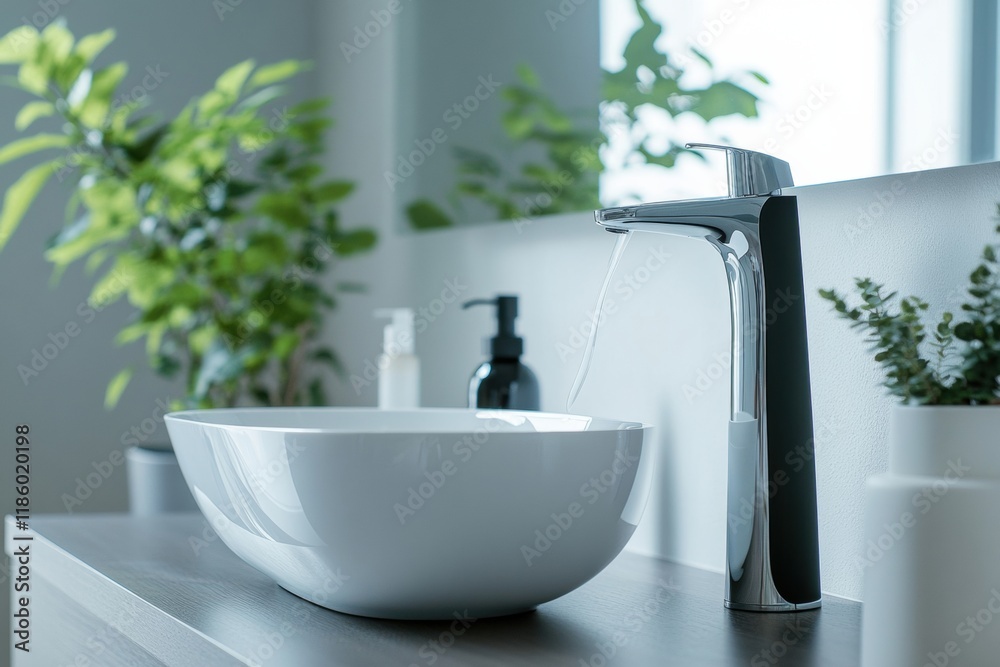 Poster Droplets of sanitizer actively eliminating bacteria in a modern bathroom setting with a sleek sink and greenery. Generative AI