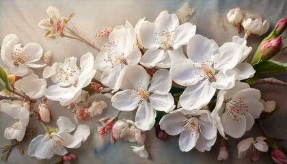 Elegant pastel floral art showcasing delicate white blossoms in intricate detail against a soft, textured canvas background, radiating serene beauty, calmness, and sophisticated charm, capturing natur