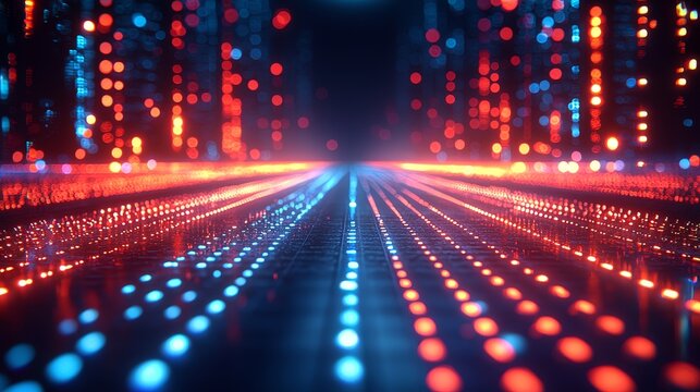 Futuristic digital grid animations in a virtual space, infused with motion graphics in a tech environment, depict an abstract cyber concept