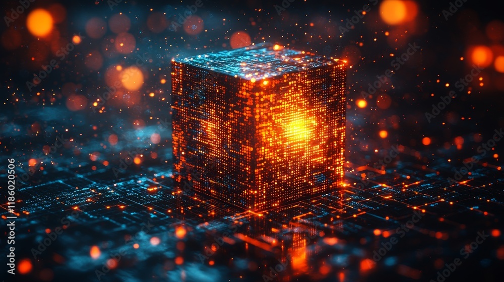 Poster dynamic floating cubes with glowing particles in a digital space 3d animation, a futuristic abstract