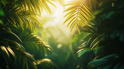 Lush Tropical Paradise: Sunlit Palm Leaves in a Verdant Jungle
