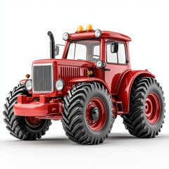 Obraz premium A red cartoon tractor on a white isolated background in 3D graphics style