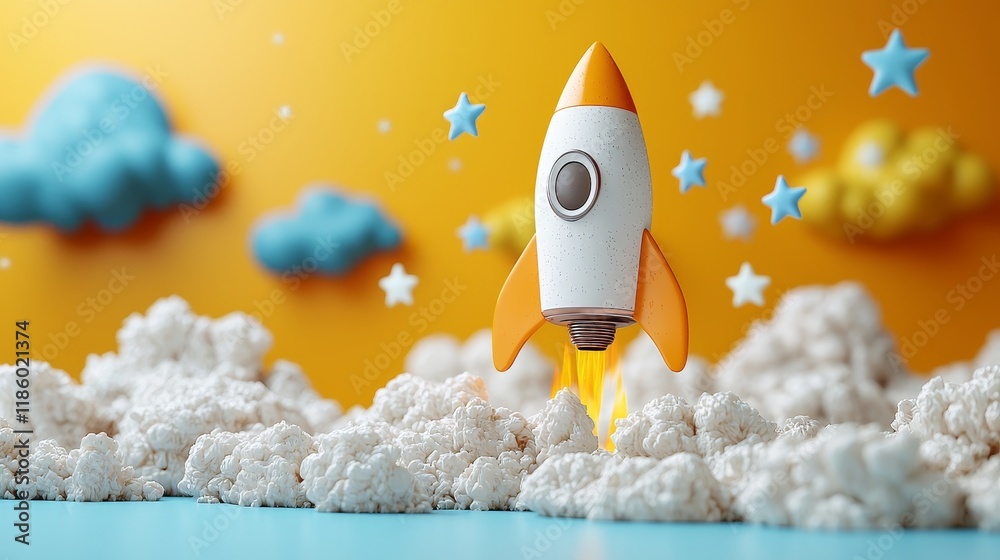 Poster launching a vibrant rocket with stars in a digital space 3d animation set in a playful environment f