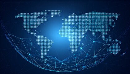 Fototapeta premium world map with binary code. Abstract mash line and point scales on Blue dark background with map of the world.