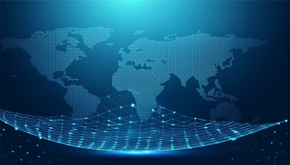 Obraz premium world map with binary code. Abstract mash line and point scales on Blue dark background with map of the world.