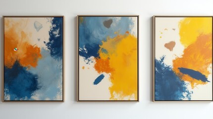 Naklejka premium Set Of Three Modern Abstract Wall Art Pieces With Geometric Shapes And Brush Strokes In Blue, Yellow, And Orange Colors