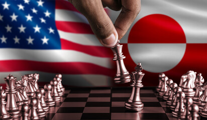 Political tension between USA and Greenland. Greenland vs USA flag on chessboard. Greenland territory conflict © IHERPHOTO
