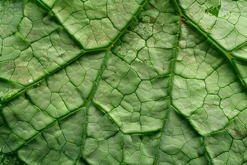 Obraz premium Close-up of a green leaf showcasing its intricate vein structure and texture.
