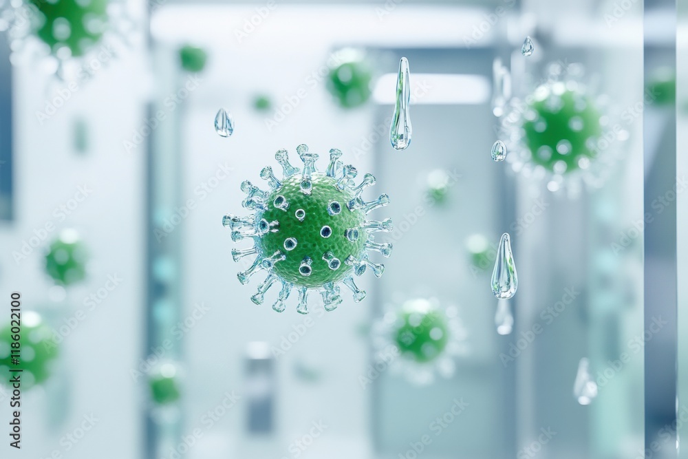 Poster sanitizer droplets effectively eliminating bacteria in a clean environment during daytime. generativ