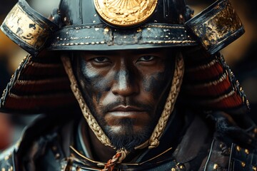Close-up portrait of a samurai warrior wearing traditional armor and helmet