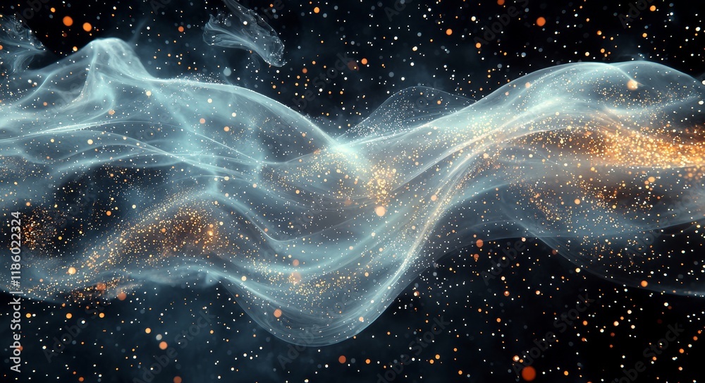 Poster dynamic waves of light and particles create an ethereal visual experience in a dark space, showcasin