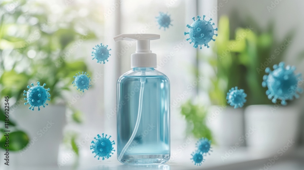 Poster droplets of sanitizer actively disinfecting surfaces and eliminating harmful bacteria in a clean ind