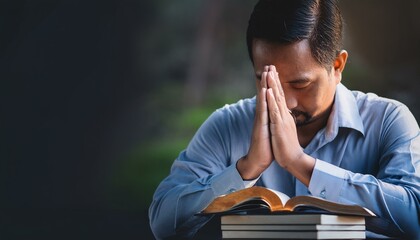 Obraz premium Man worship pray for god blessing to wishing have a better life. Man hands holding praying