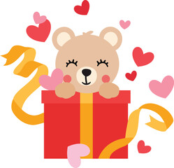 Cute teddy bear with gift and hearts
