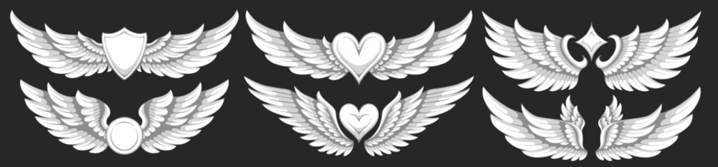 Set of angel wings with love heart. Illustration of angel wings with shield.