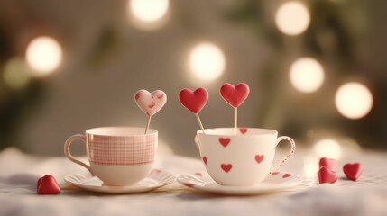 Fototapeta premium Two charming cups decorated with heart-shaped toppers, set against a soft, glowing background, creating a romantic atmosphere.