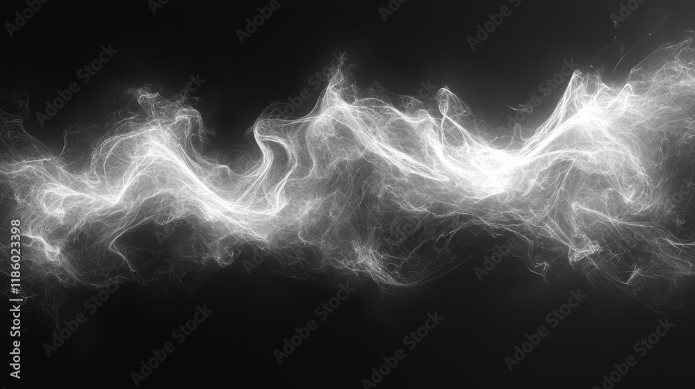 Poster white particles create a wave-like abstract pattern against a black backdrop, suitable for backgroun