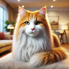 A fluffy orange and white cat with green eyes sits indoors, exuding elegance and calmness.
