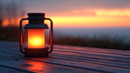 Glowing lantern on wooden deck at sunset.