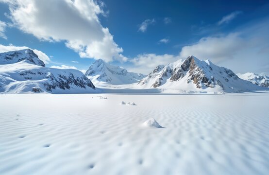 Stunning winter landscape in Antarctica. Snowy plain extends to majestic mountain range. Sentinel Range, Ellsworth Mountains dominate horizon. Clear sky with puffy clouds, creating dramatic alpine - Powered by Adobe