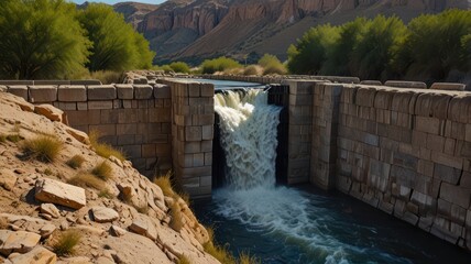 A massive concrete hydroelectric dam spans a river valley, creating a vast reservoir that reflects the vibrant sky, powering the surrounding landscape with clean energy