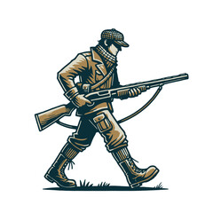 Fototapeta premium Walking hunter in classic outdoor attire with a rifle, ready for adventure. A detailed and professional character illustration for hunting or outdoor themes. Isolated vector illustration