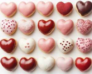 Obraz premium A colorful arrangement of heart-shaped donuts in various shades of pink and red, decorated with sprinkles and icing, perfect for celebrations.