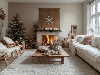 Fototapeta premium Cozy Christmas Living Room Fireplace Decorated
