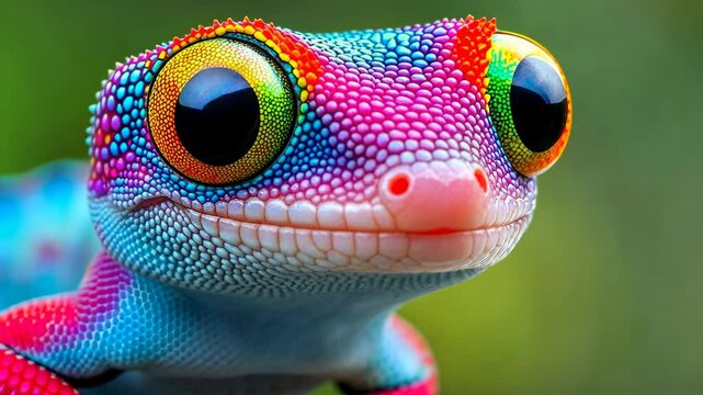 Colorful lizard with a big smile on its face. The lizard has a rainbow pattern on its face and is looking directly at the camera