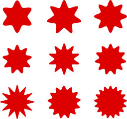 A vector illustration featuring a set of nine red starburst or burst shapes, varying in the number of points and degree of curvature. Superellipse Inspired Red Burst with Squircle Edges