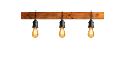 Hanging light bulbs on a wooden beam against a dark background.