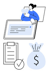 Woman holding heart by document screen, clipboard with checkmark, and money bag representing digital solutions, financial planning, charity donations. Ideal for business, personal finance, goals